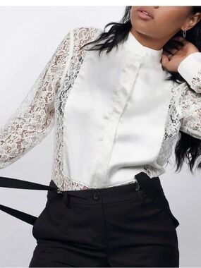 Wildfang Empower White Lace Tuxedo Button Up Shirt XS